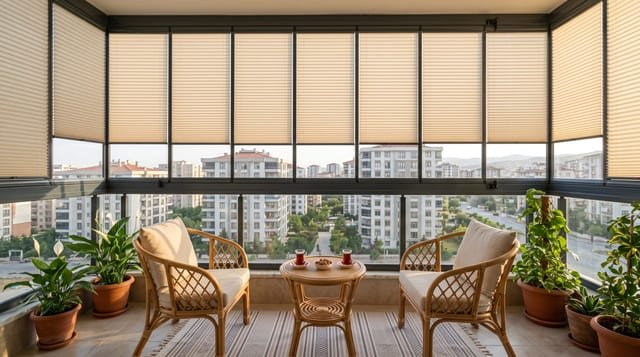 Türk apartmanında cam balkona takılı bej plise perdeler