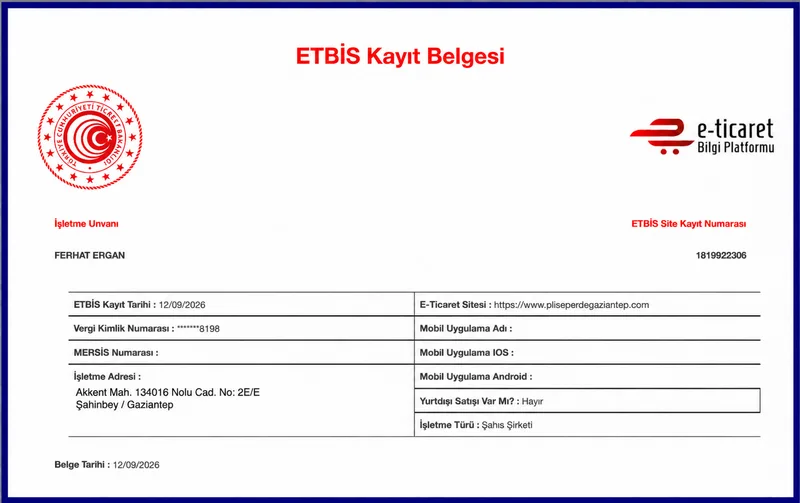 Plise Perde Gaziantep ETBİS kayıt belgesi