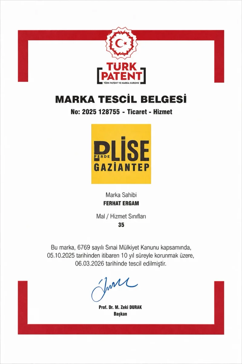 Plise Perde Gaziantep marka tescil belgesi